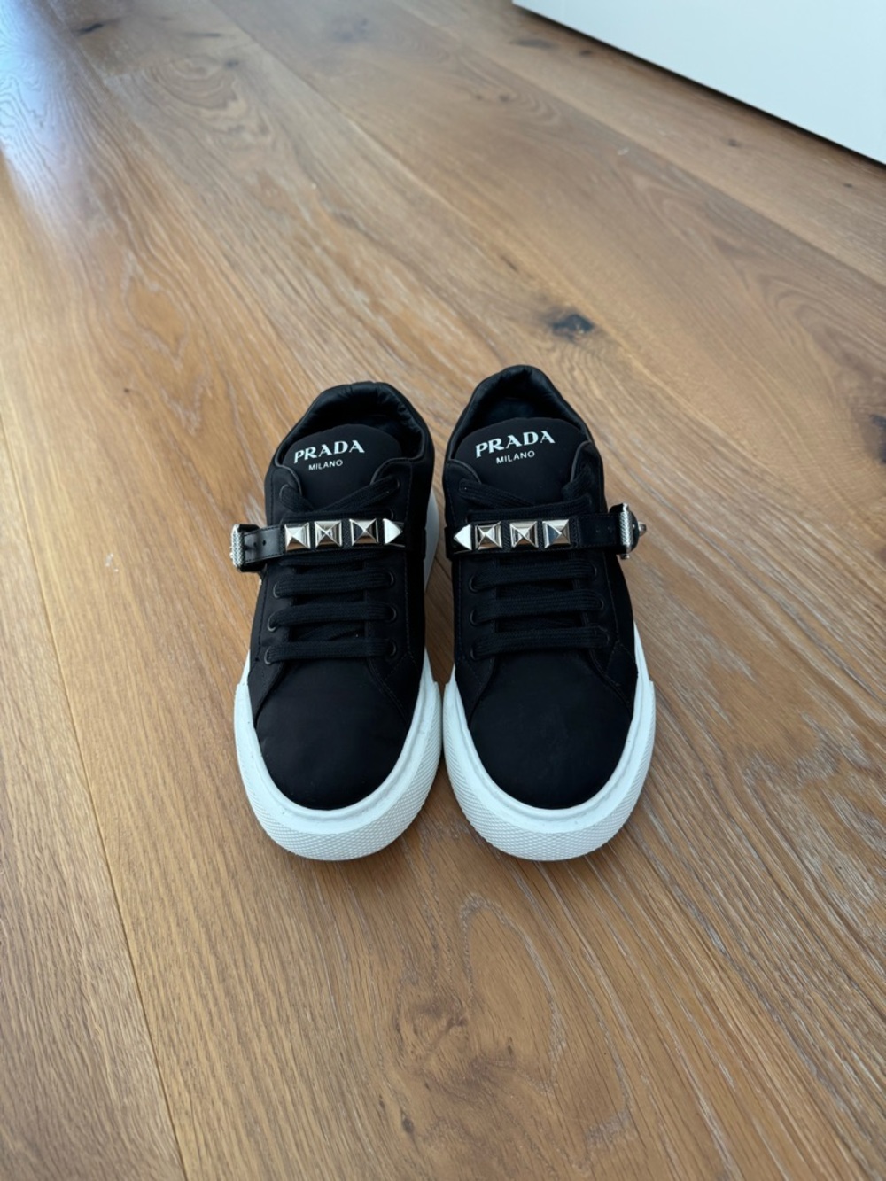 Prada Black Sneakers with White Platform and Silver Stud Strap